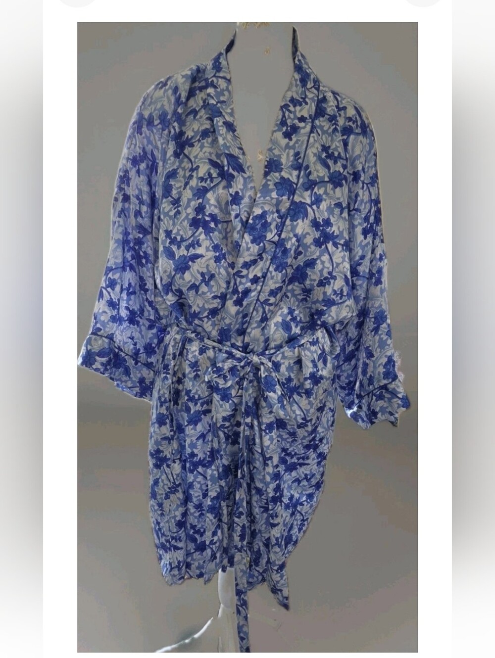 Blue & White Floral Satin Bathrobe with tie waist - 3X